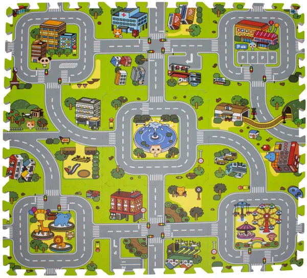 Play mat with road and city motif made of foam. 9 tiles